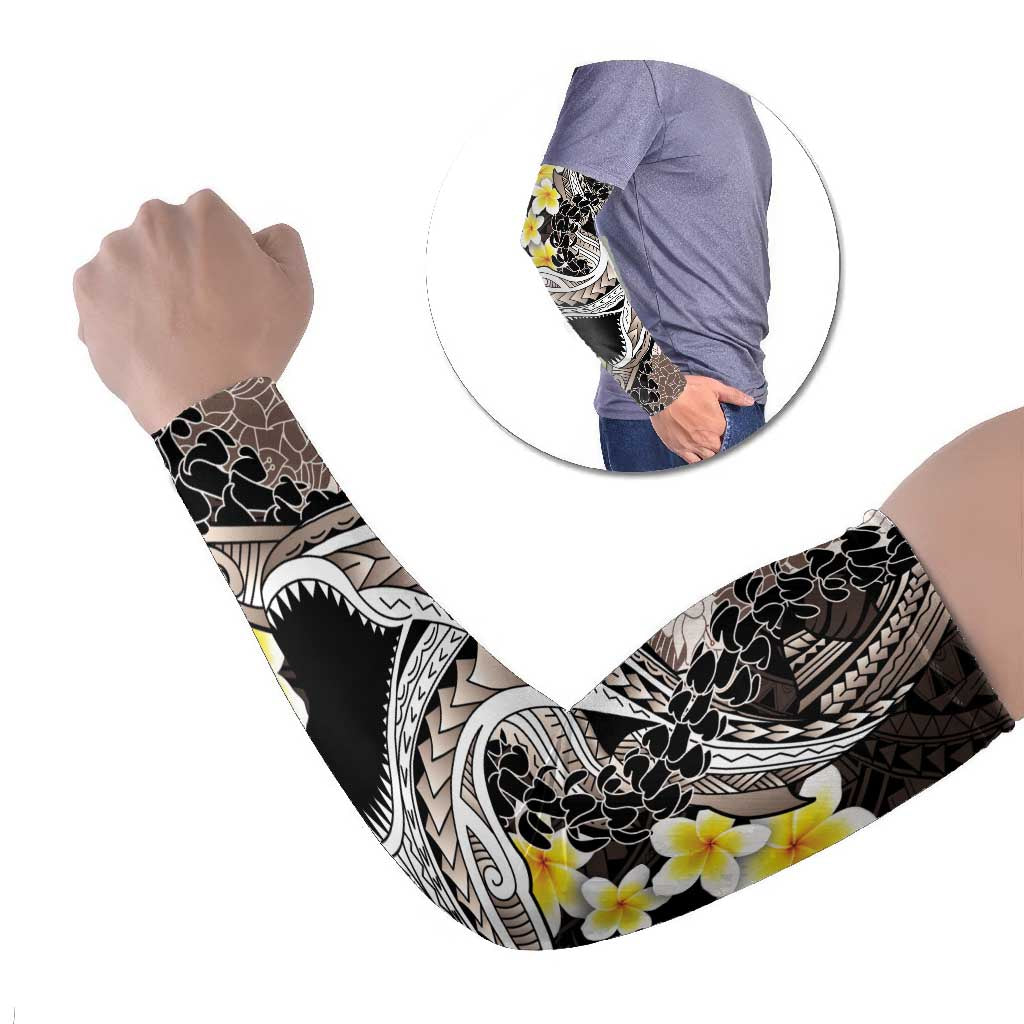 Brown and Black Hawaii Shark Tattoo Arm Sleeves Puakenikeni Lei Plumeria Polynesian Pattern LT14 Set of 2 Black - Polynesian Pride