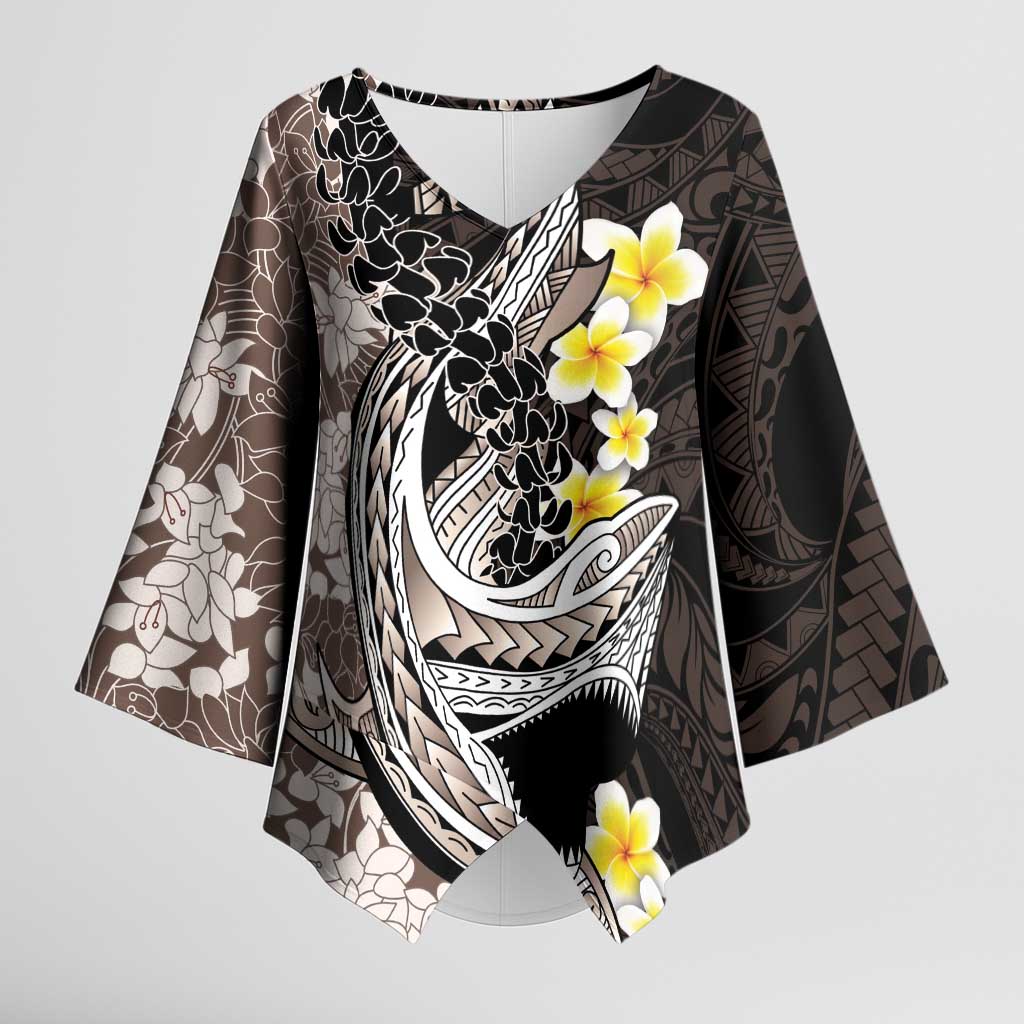 Brown and Black Hawaii Shark Tattoo Kimono Sleeve Blouse Puakenikeni Lei Plumeria Polynesian Pattern LT14 Female Black - Polynesian Pride