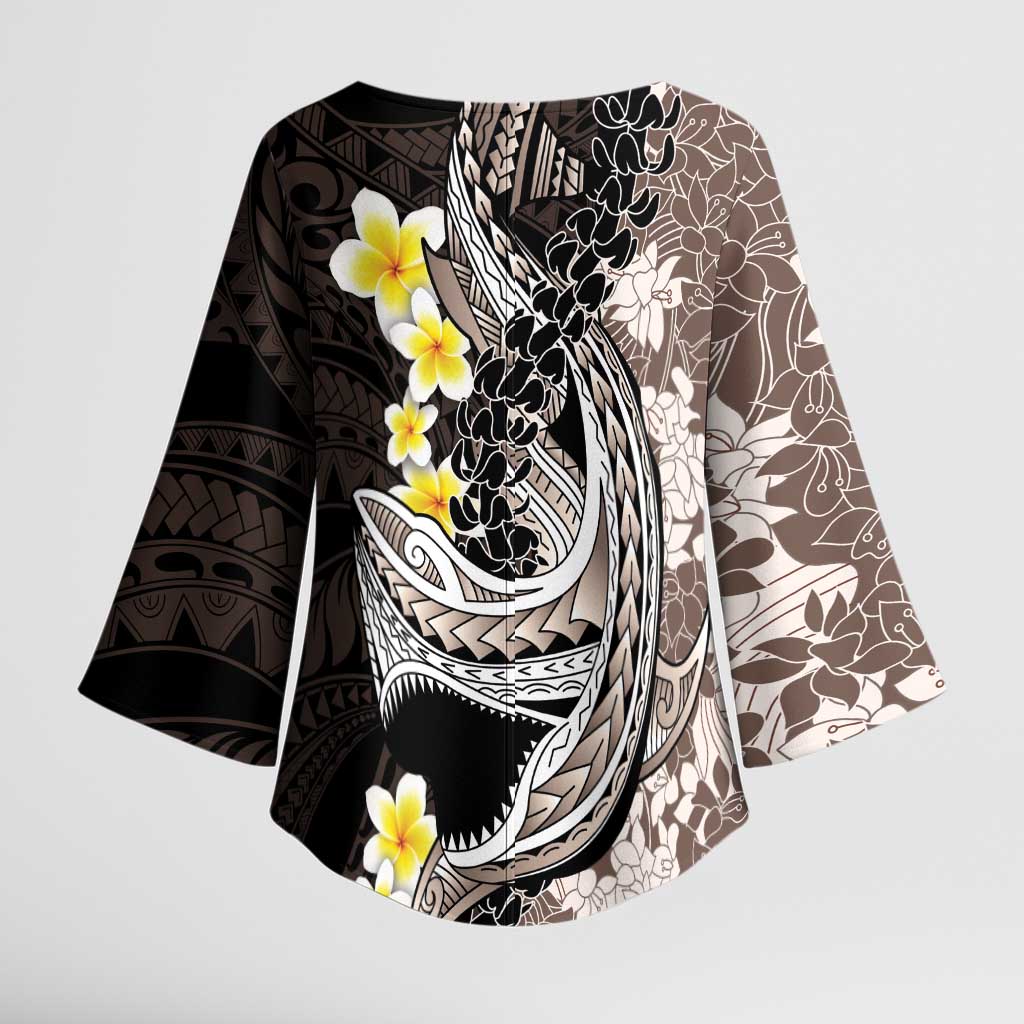 Brown and Black Hawaii Shark Tattoo Kimono Sleeve Blouse Puakenikeni Lei Plumeria Polynesian Pattern LT14 - Polynesian Pride