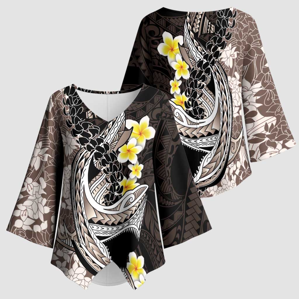 Brown and Black Hawaii Shark Tattoo Kimono Sleeve Blouse Puakenikeni Lei Plumeria Polynesian Pattern LT14 - Polynesian Pride