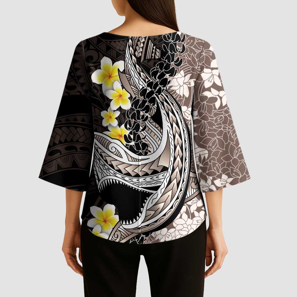 Brown and Black Hawaii Shark Tattoo Kimono Sleeve Blouse Puakenikeni Lei Plumeria Polynesian Pattern LT14 - Polynesian Pride