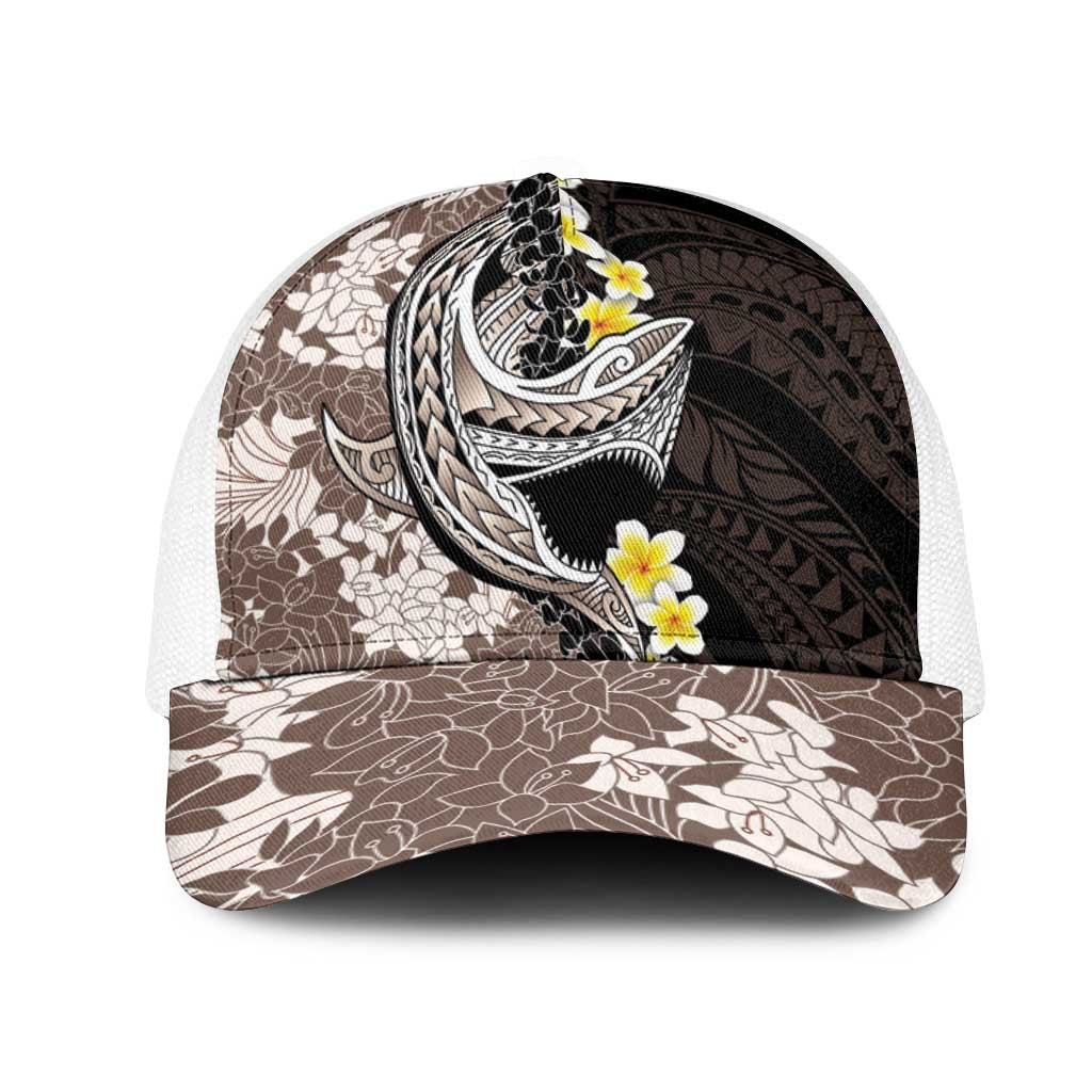 Brown and Black Hawaii Shark Tattoo Mesh Trucker Cap Puakenikeni Lei Plumeria Polynesian Pattern LT14 One Size White Black - Polynesian Pride