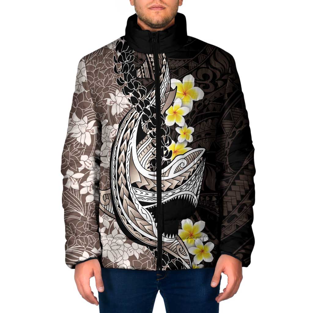 Brown and Black Hawaii Shark Tattoo Padded Jacket Puakenikeni Lei Plumeria Polynesian Pattern LT14 Men Black - Polynesian Pride