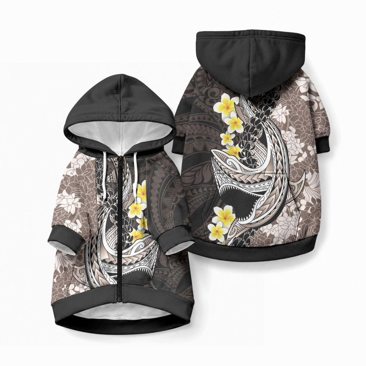 Brown and Black Hawaii Shark Tattoo Pet Hoodie Puakenikeni Lei Plumeria Polynesian Pattern LT14 Zip-up Black - Polynesian Pride
