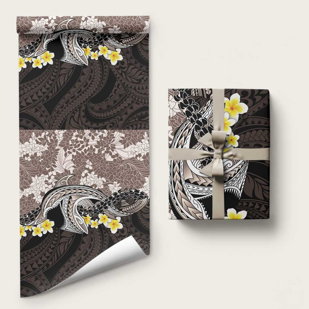 Brown and Black Hawaii Shark Tattoo Wrapping Paper Puakenikeni Lei Plumeria Polynesian Pattern LT14 58" × 23" Black - Polynesian Pride