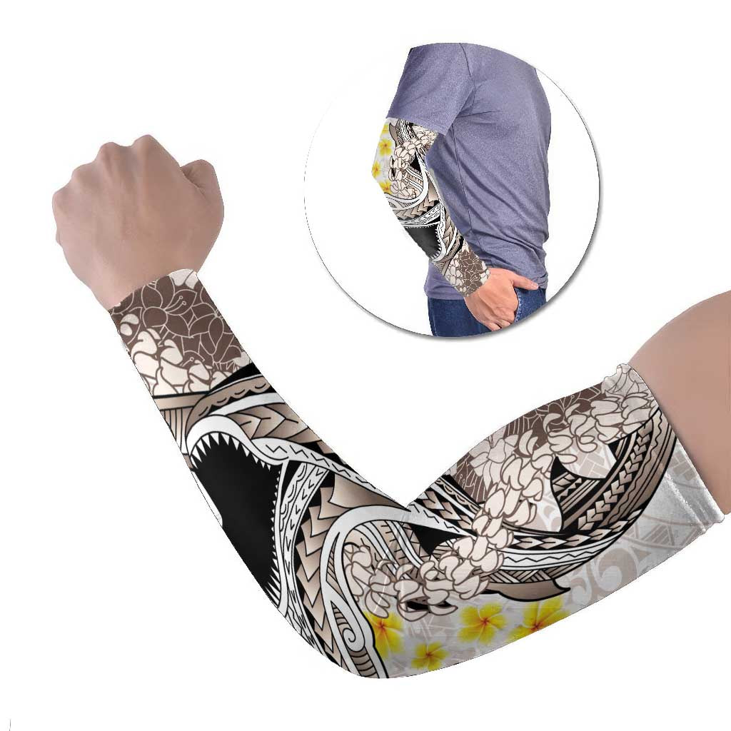 Brown and White Hawaii Shark Tattoo Arm Sleeves Puakenikeni Lei Plumeria Polynesian Pattern LT14 Set of 2 White - Polynesian Pride