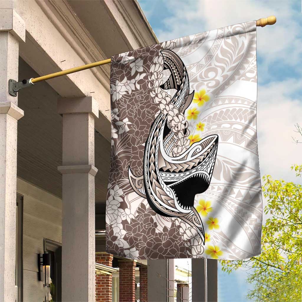 Brown and White Hawaii Shark Tattoo Garden Flag Puakenikeni Lei Plumeria Polynesian Pattern LT14 House Flag White - Polynesian Pride