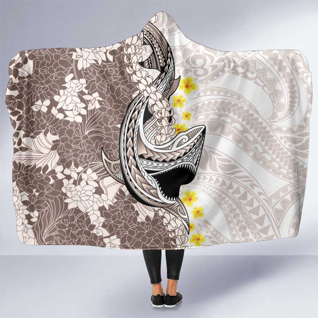 Brown and White Hawaii Shark Tattoo Hooded Blanket Puakenikeni Lei Plumeria Polynesian Pattern LT14 One Size White - Polynesian Pride