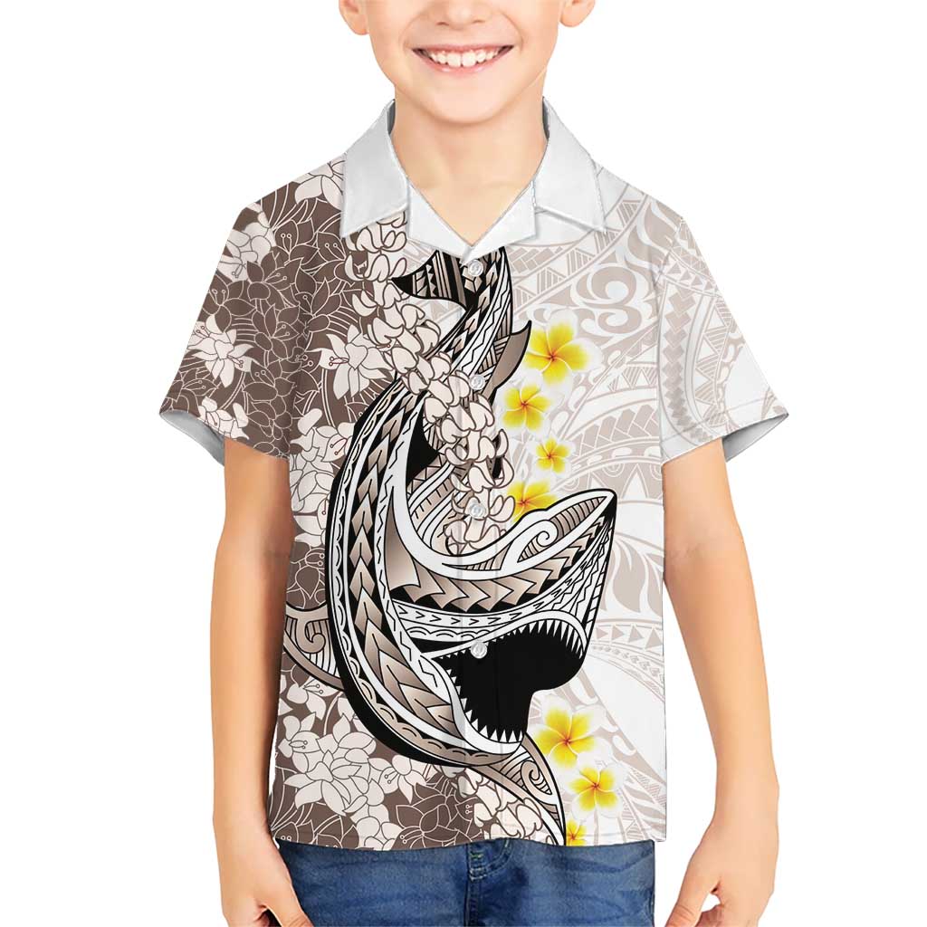 Brown and White Hawaii Shark Tattoo Kid Hawaiian Shirt Puakenikeni Lei Plumeria Polynesian Pattern LT14 Kid White - Polynesian Pride