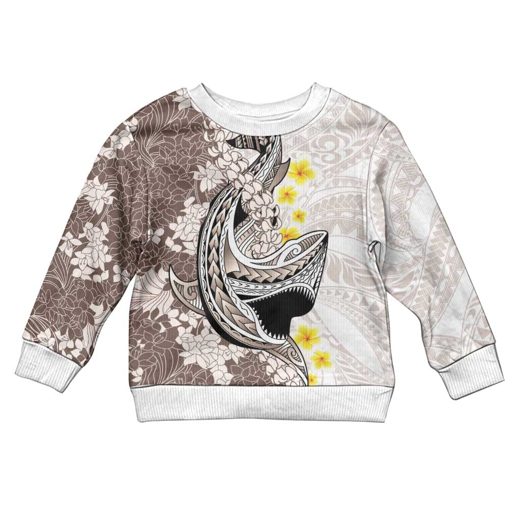 Brown and White Hawaii Shark Tattoo Kid Ugly Christmas Sweater Puakenikeni Lei Plumeria Polynesian Pattern LT14 Kid White - Polynesian Pride