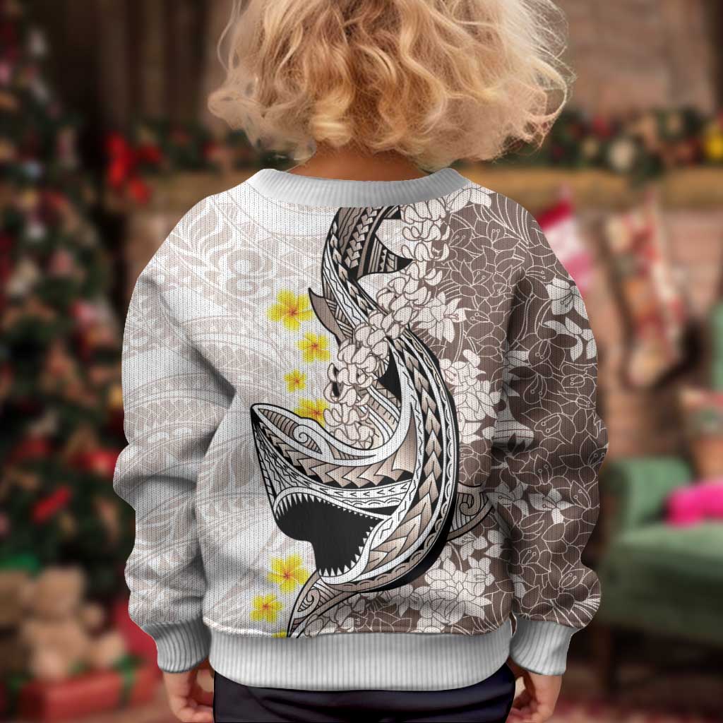 Brown and White Hawaii Shark Tattoo Kid Ugly Christmas Sweater Puakenikeni Lei Plumeria Polynesian Pattern LT14 - Polynesian Pride