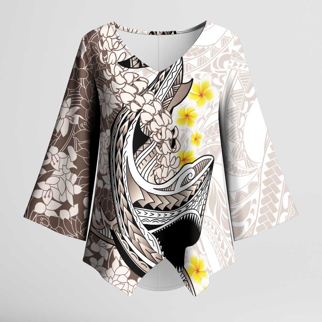 Brown and White Hawaii Shark Tattoo Kimono Sleeve Blouse Puakenikeni Lei Plumeria Polynesian Pattern LT14 Female White - Polynesian Pride