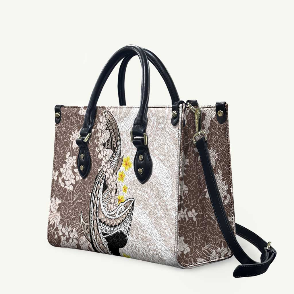 Brown and White Hawaii Shark Tattoo Leather Bag Puakenikeni Lei Plumeria Polynesian Pattern LT14 White - Polynesian Pride