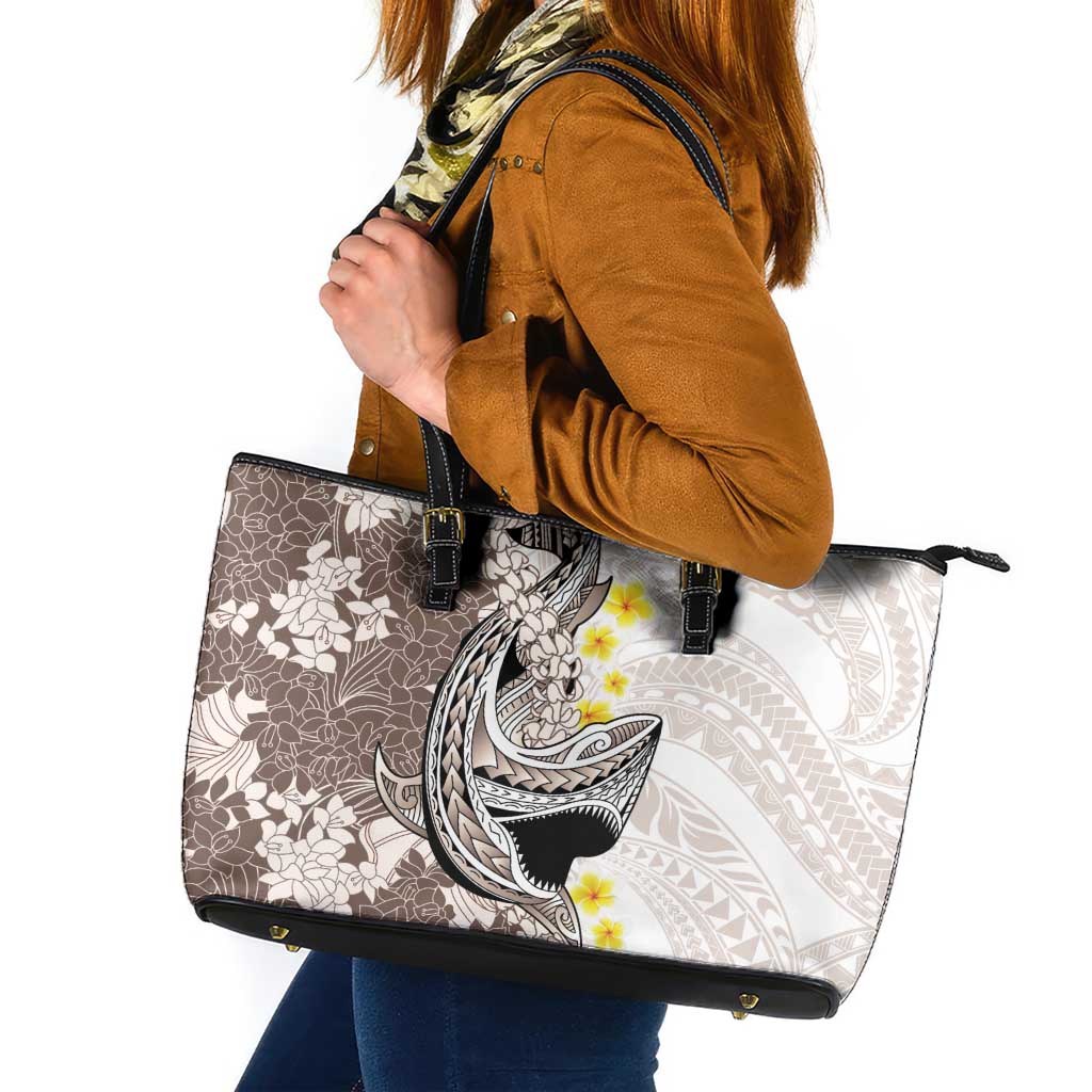 Brown and White Hawaii Shark Tattoo Leather Tote Bag Puakenikeni Lei Plumeria Polynesian Pattern LT14 White - Polynesian Pride