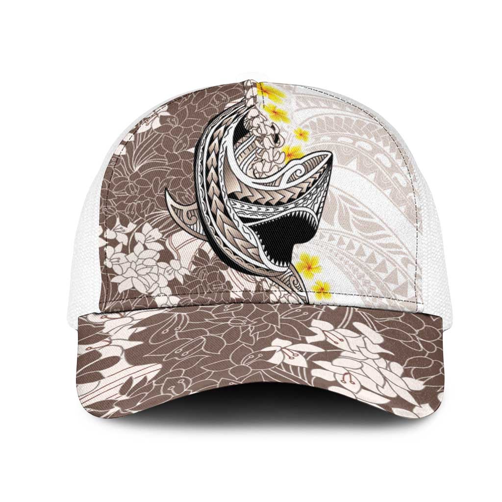 Brown and White Hawaii Shark Tattoo Mesh Trucker Cap Puakenikeni Lei Plumeria Polynesian Pattern LT14 One Size White White - Polynesian Pride