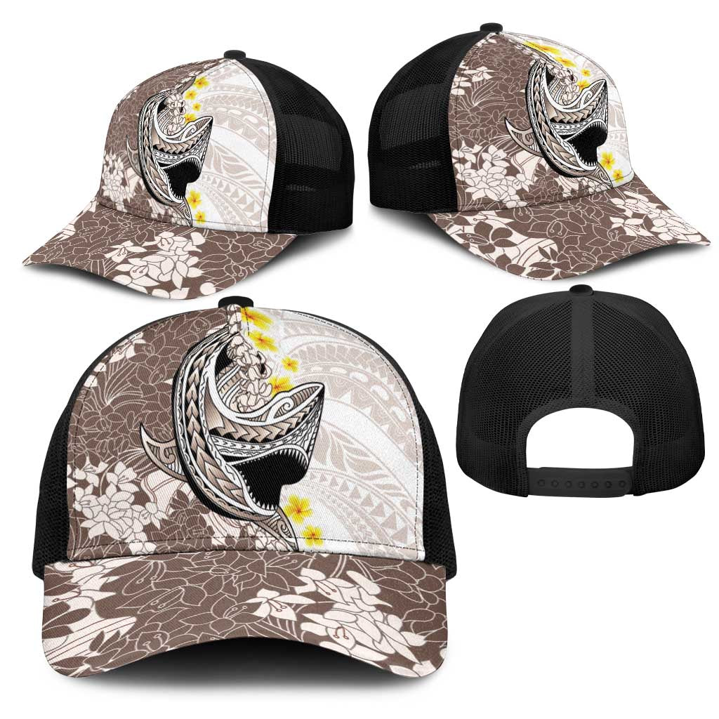 Brown and White Hawaii Shark Tattoo Mesh Trucker Cap Puakenikeni Lei Plumeria Polynesian Pattern LT14 - Polynesian Pride