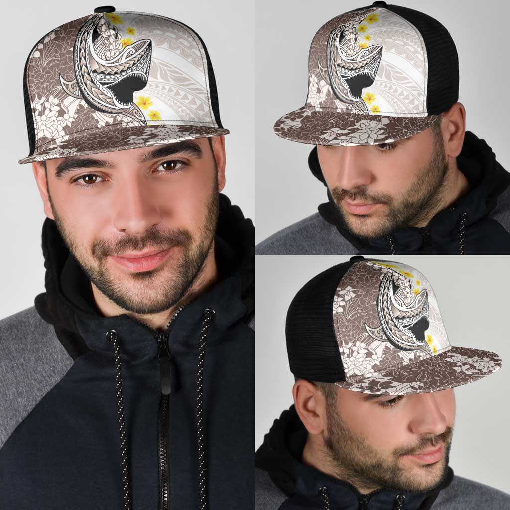 Brown and White Hawaii Shark Tattoo Mesh Trucker Cap Puakenikeni Lei Plumeria Polynesian Pattern LT14 - Polynesian Pride