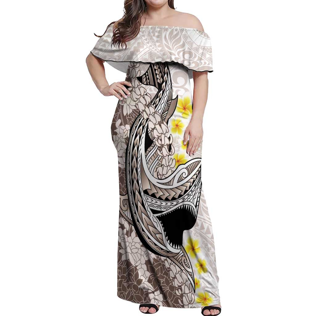 Brown and White Hawaii Shark Tattoo Off Shoulder Maxi Dress Puakenikeni Lei Plumeria Polynesian Pattern LT14 Women White - Polynesian Pride