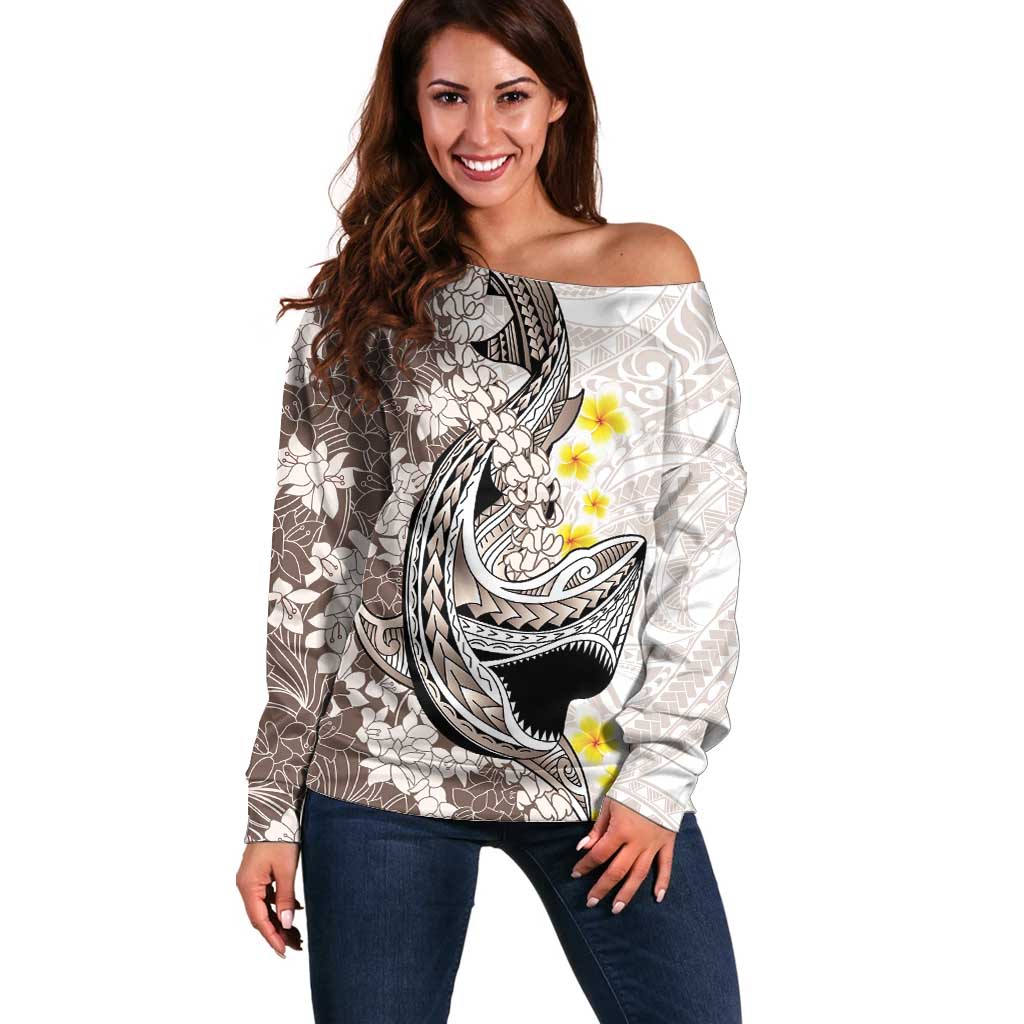 Brown and White Hawaii Shark Tattoo Off Shoulder Sweater Puakenikeni Lei Plumeria Polynesian Pattern LT14 Women White - Polynesian Pride