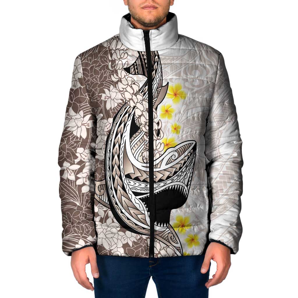 Brown and White Hawaii Shark Tattoo Padded Jacket Puakenikeni Lei Plumeria Polynesian Pattern LT14 Men White - Polynesian Pride