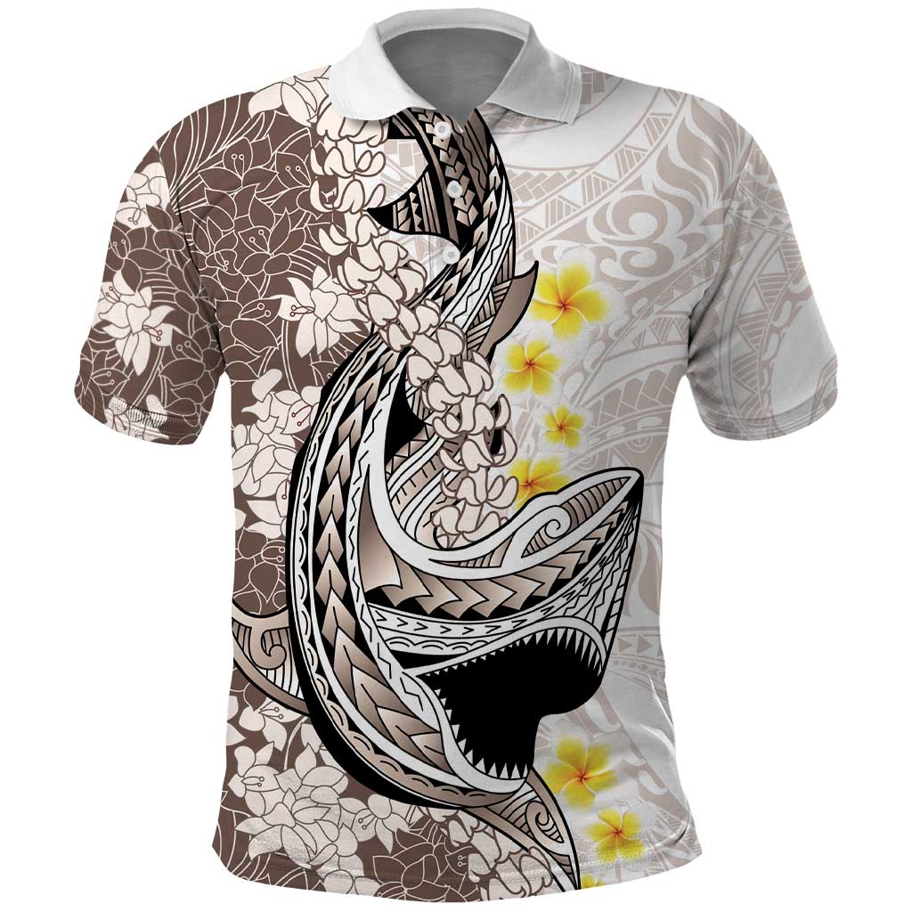 Brown and White Hawaii Shark Tattoo Polo Shirt Puakenikeni Lei Plumeria Polynesian Pattern LT14 White - Polynesian Pride