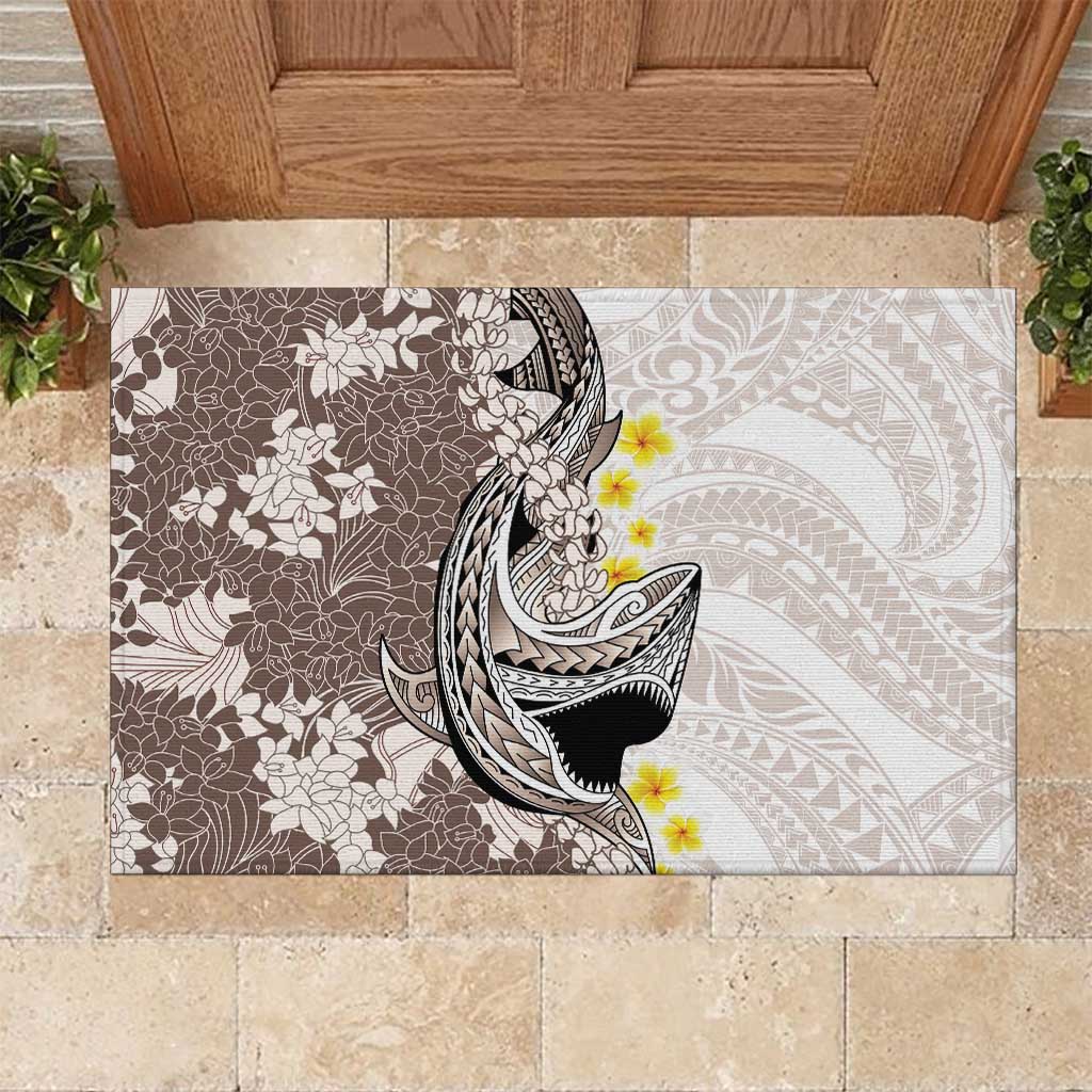 Brown and White Hawaii Shark Tattoo Rubber Doormat Puakenikeni Lei Plumeria Polynesian Pattern LT14 White - Polynesian Pride