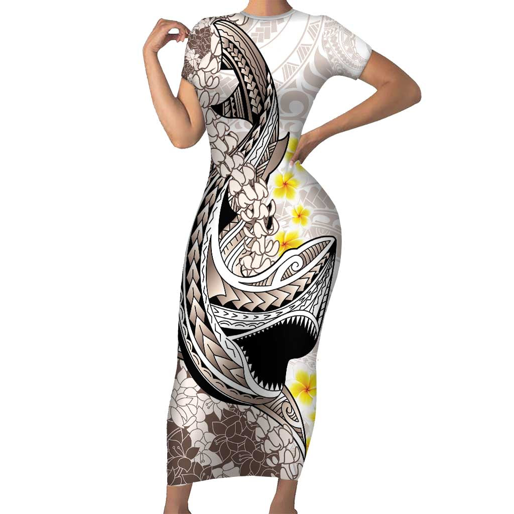 Brown and White Hawaii Shark Tattoo Short Sleeve Bodycon Dress Puakenikeni Lei Plumeria Polynesian Pattern LT14 Long Dress White - Polynesian Pride