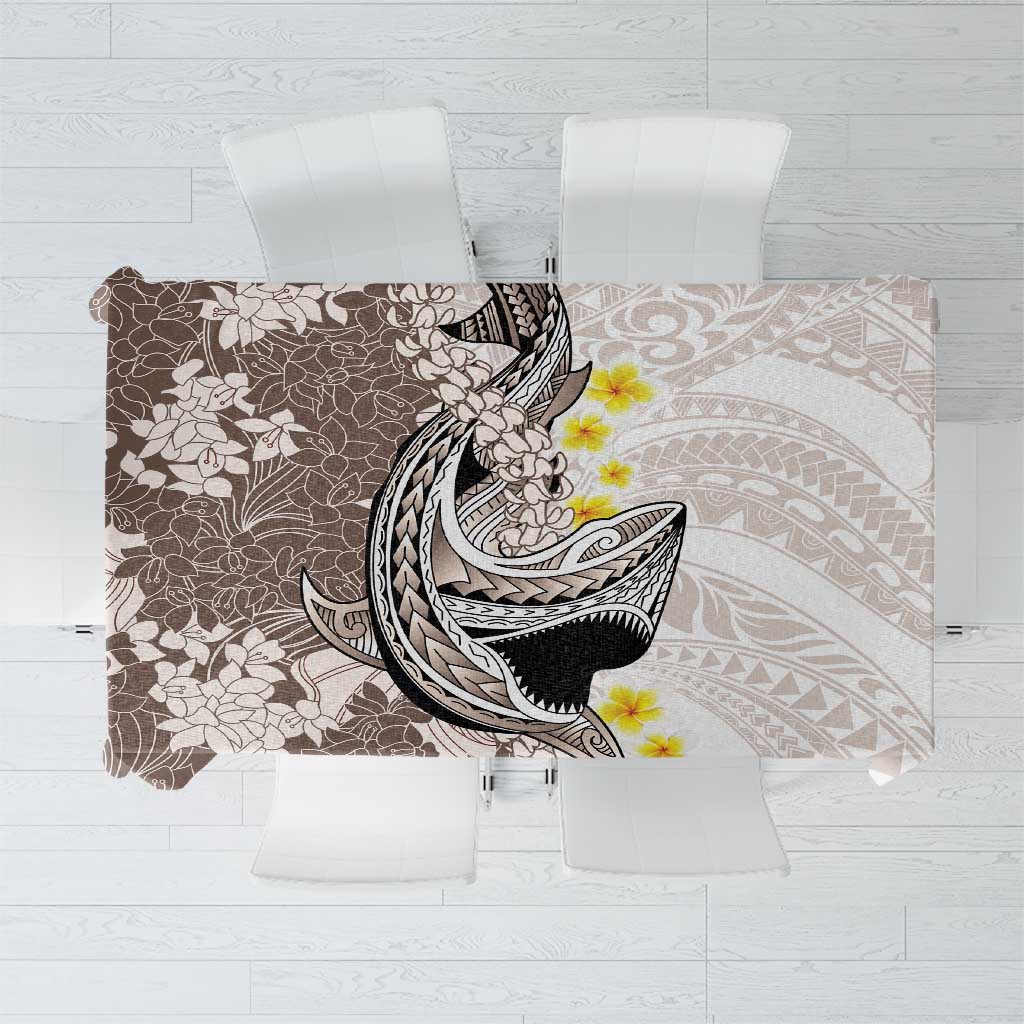 Brown and White Hawaii Shark Tattoo Tablecloth Puakenikeni Lei Plumeria Polynesian Pattern LT14 White - Polynesian Pride