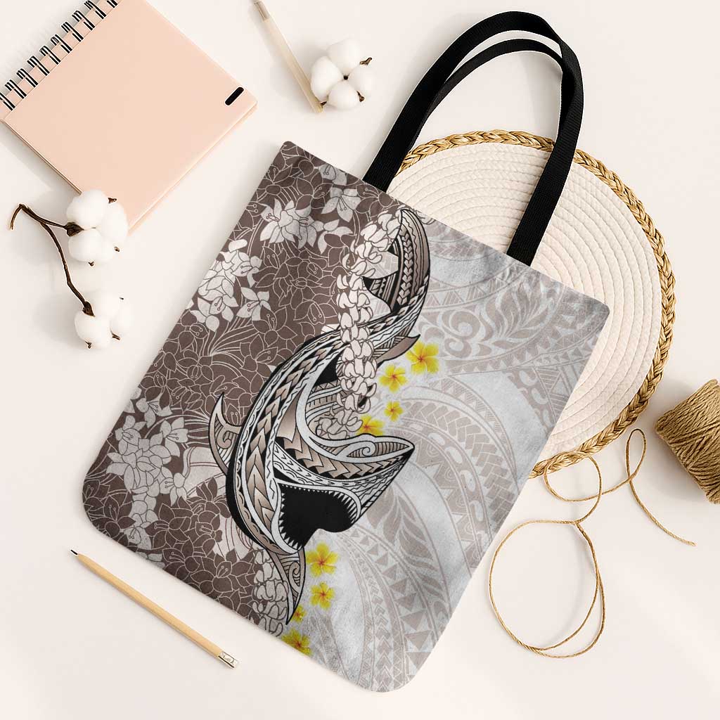 Brown and White Hawaii Shark Tattoo Tote Bag Puakenikeni Lei Plumeria Polynesian Pattern LT14 Black Strap One Size White - Polynesian Pride