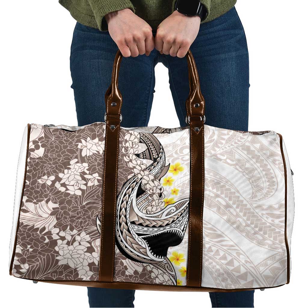 Brown and White Hawaii Shark Tattoo Travel Bag Puakenikeni Lei Plumeria Polynesian Pattern LT14 White - Polynesian Pride