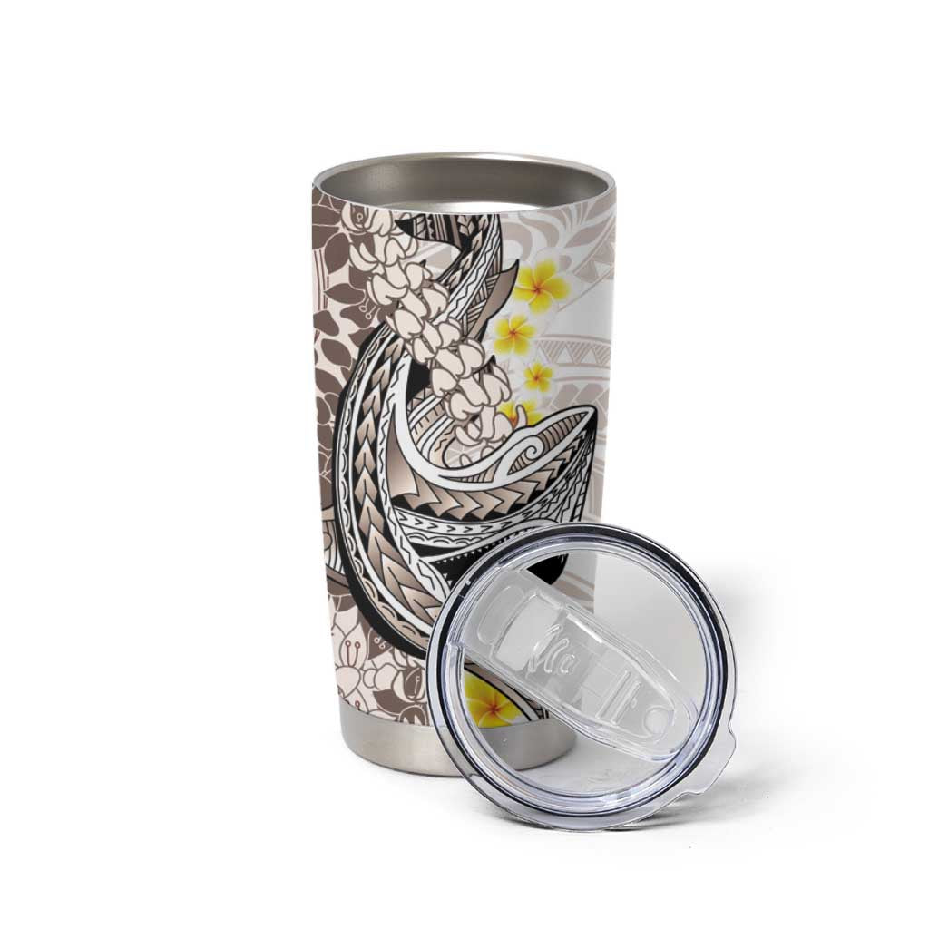 Brown and White Hawaii Shark Tattoo Tumbler Cup Puakenikeni Lei Plumeria Polynesian Pattern LT14 - Polynesian Pride
