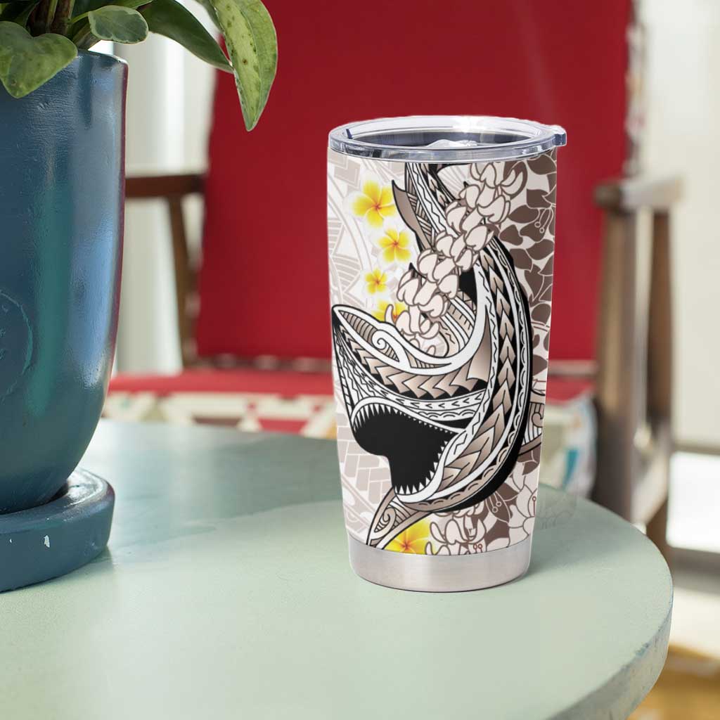 Brown and White Hawaii Shark Tattoo Tumbler Cup Puakenikeni Lei Plumeria Polynesian Pattern LT14 - Polynesian Pride