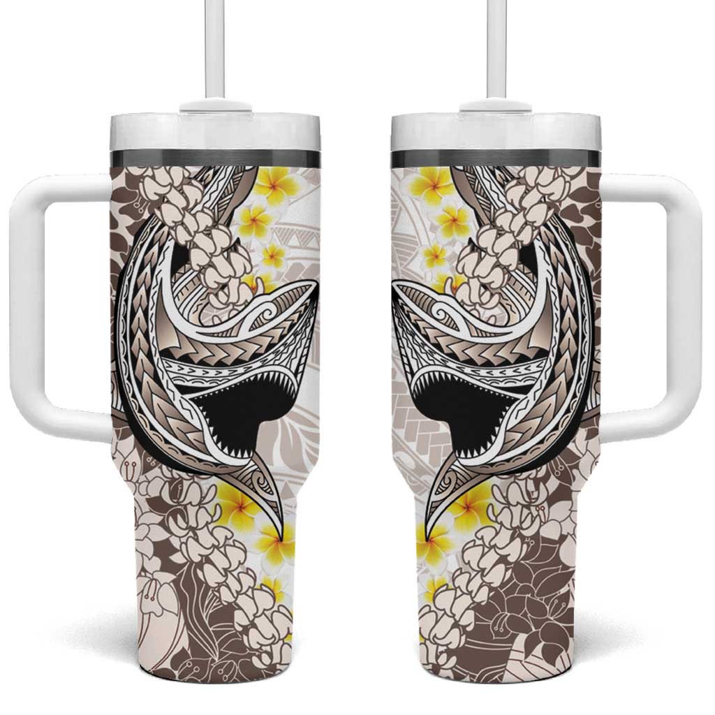 Brown and White Hawaii Shark Tattoo Tumbler With Handle Puakenikeni Lei Plumeria Polynesian Pattern LT14 One Size: 40 oz White - Polynesian Pride