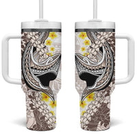 Brown and White Hawaii Shark Tattoo Tumbler With Handle Puakenikeni Lei Plumeria Polynesian Pattern LT14 One Size: 40 oz White - Polynesian Pride