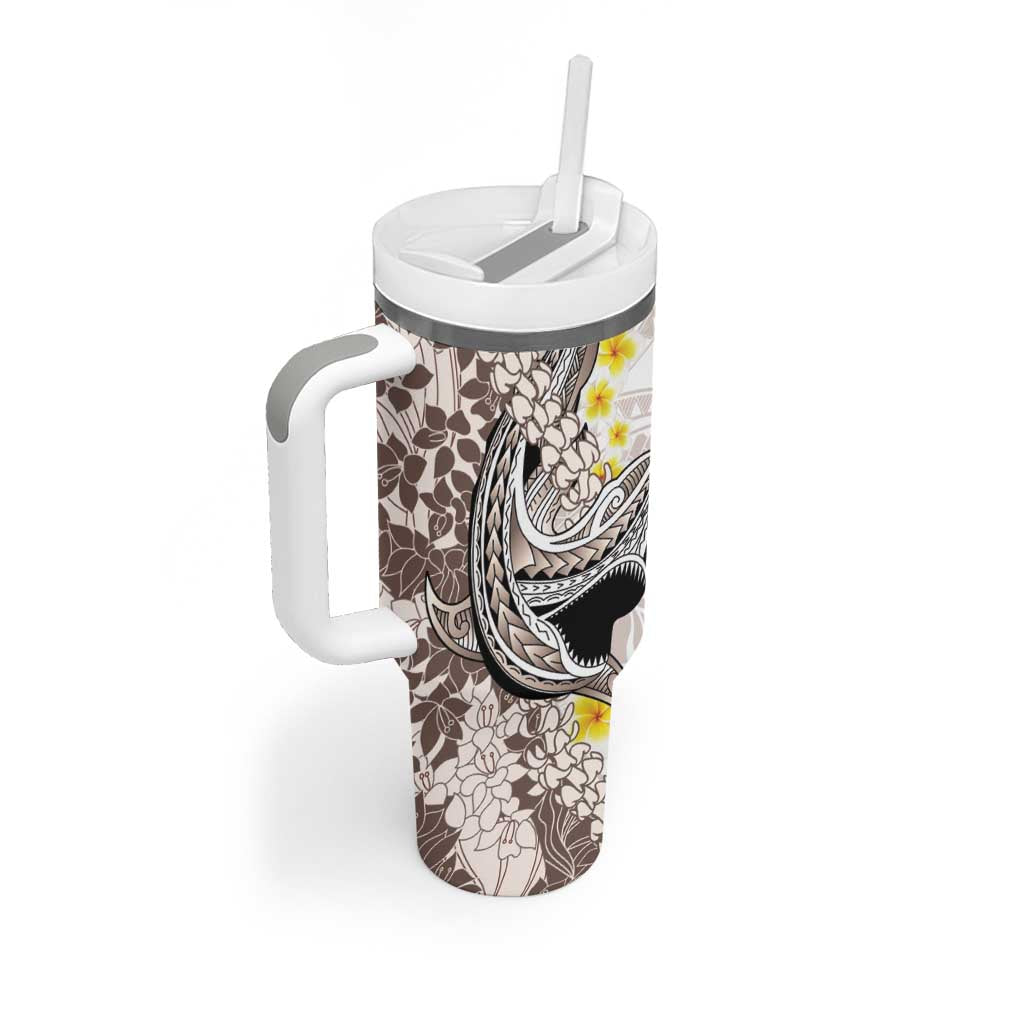 Brown and White Hawaii Shark Tattoo Tumbler With Handle Puakenikeni Lei Plumeria Polynesian Pattern LT14 - Polynesian Pride