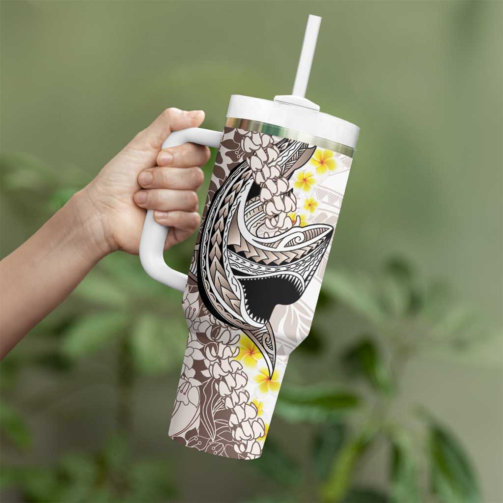 Brown and White Hawaii Shark Tattoo Tumbler With Handle Puakenikeni Lei Plumeria Polynesian Pattern LT14 - Polynesian Pride