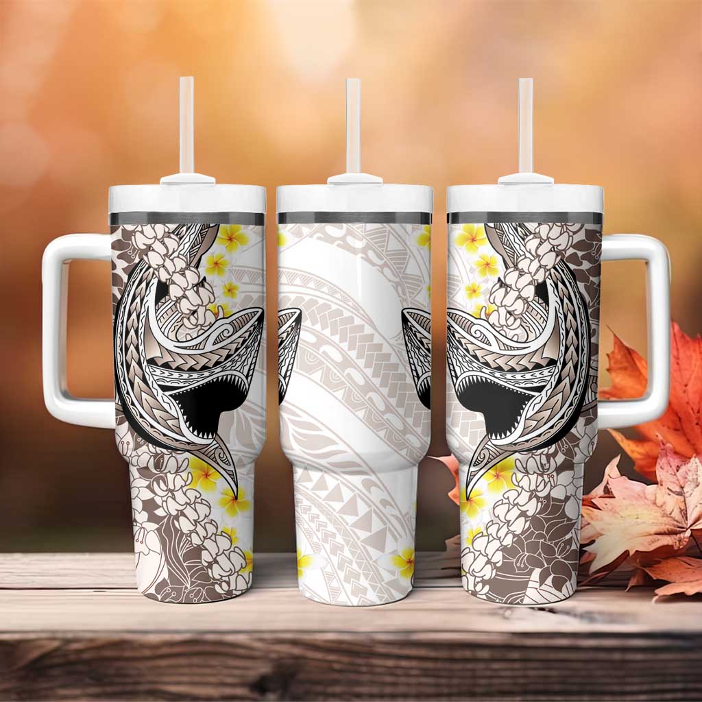 Brown and White Hawaii Shark Tattoo Tumbler With Handle Puakenikeni Lei Plumeria Polynesian Pattern LT14 - Polynesian Pride