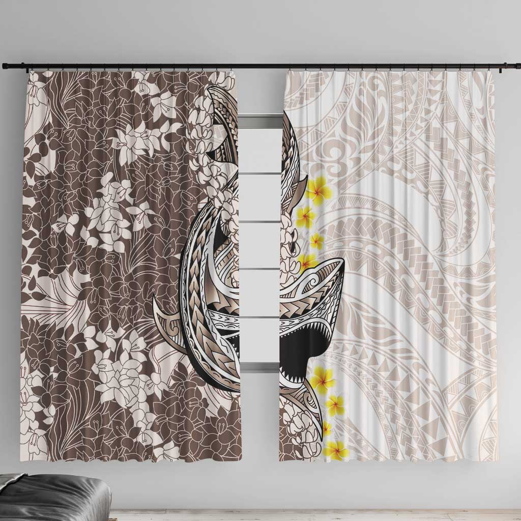 Brown and White Hawaii Shark Tattoo Window Curtain Puakenikeni Lei Plumeria Polynesian Pattern LT14 With Hooks White - Polynesian Pride