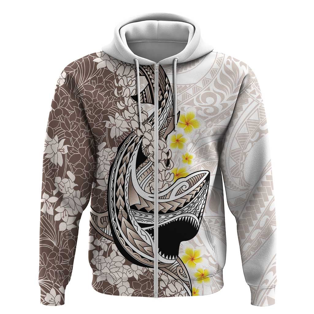 Brown and White Hawaii Shark Tattoo Zip Hoodie Puakenikeni Lei Plumeria Polynesian Pattern LT14 Zip Hoodie White - Polynesian Pride