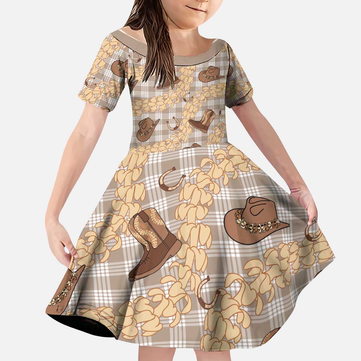 Khaki Palaka Hawaii Cowboy Kid Short Sleeve Dress Puakenikeni Lei Paniolo Papale Seamless Vibes LT14 KID Khaki - Polynesian Pride