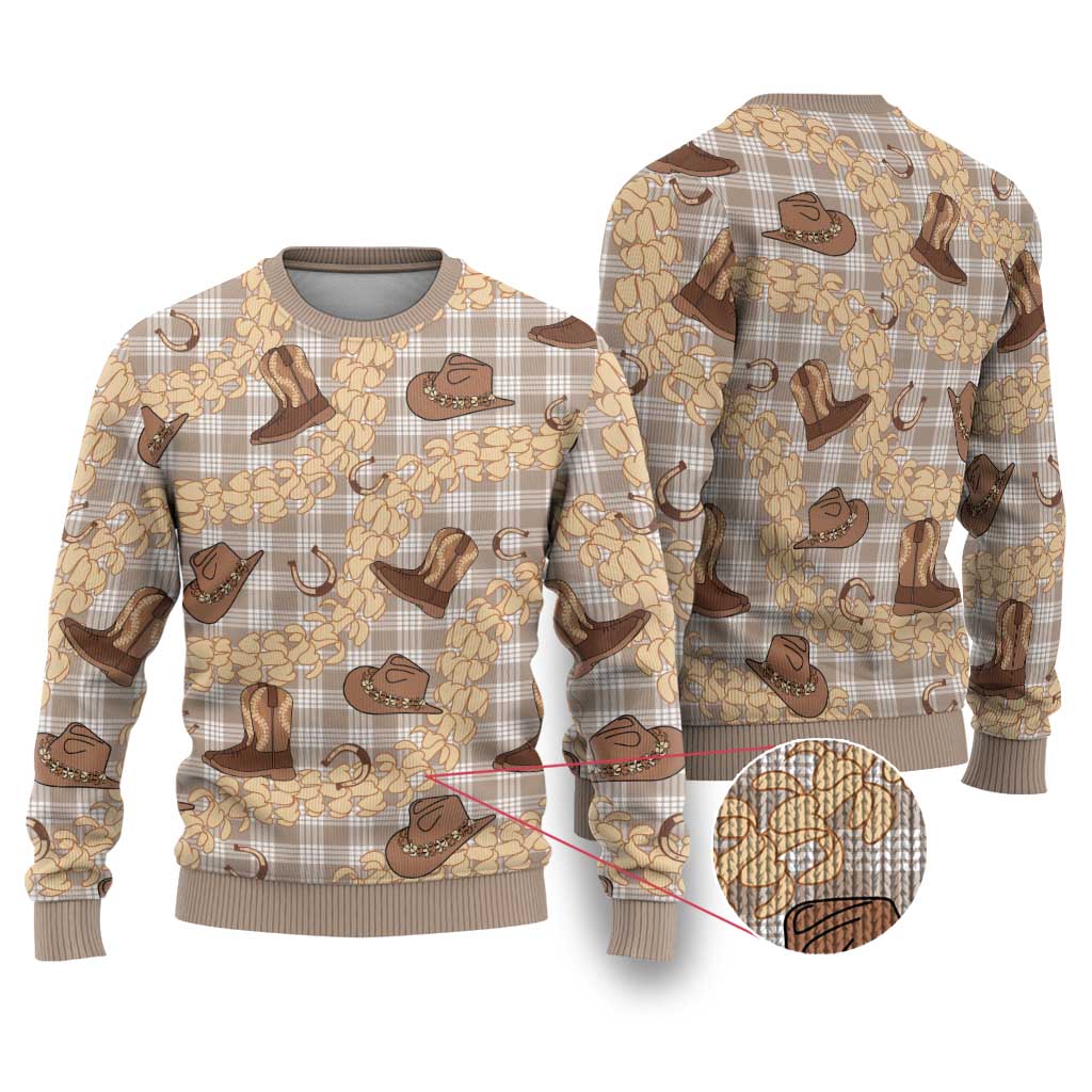 Khaki Palaka Hawaii Cowboy Ugly Christmas Sweater Puakenikeni Lei Paniolo Papale Seamless Vibes LT14 Khaki - Polynesian Pride
