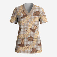 Khaki Palaka Hawaii Cowboy Scrub Top Puakenikeni Lei Paniolo Papale Seamless Vibes LT14 Adult Khaki - Polynesian Pride