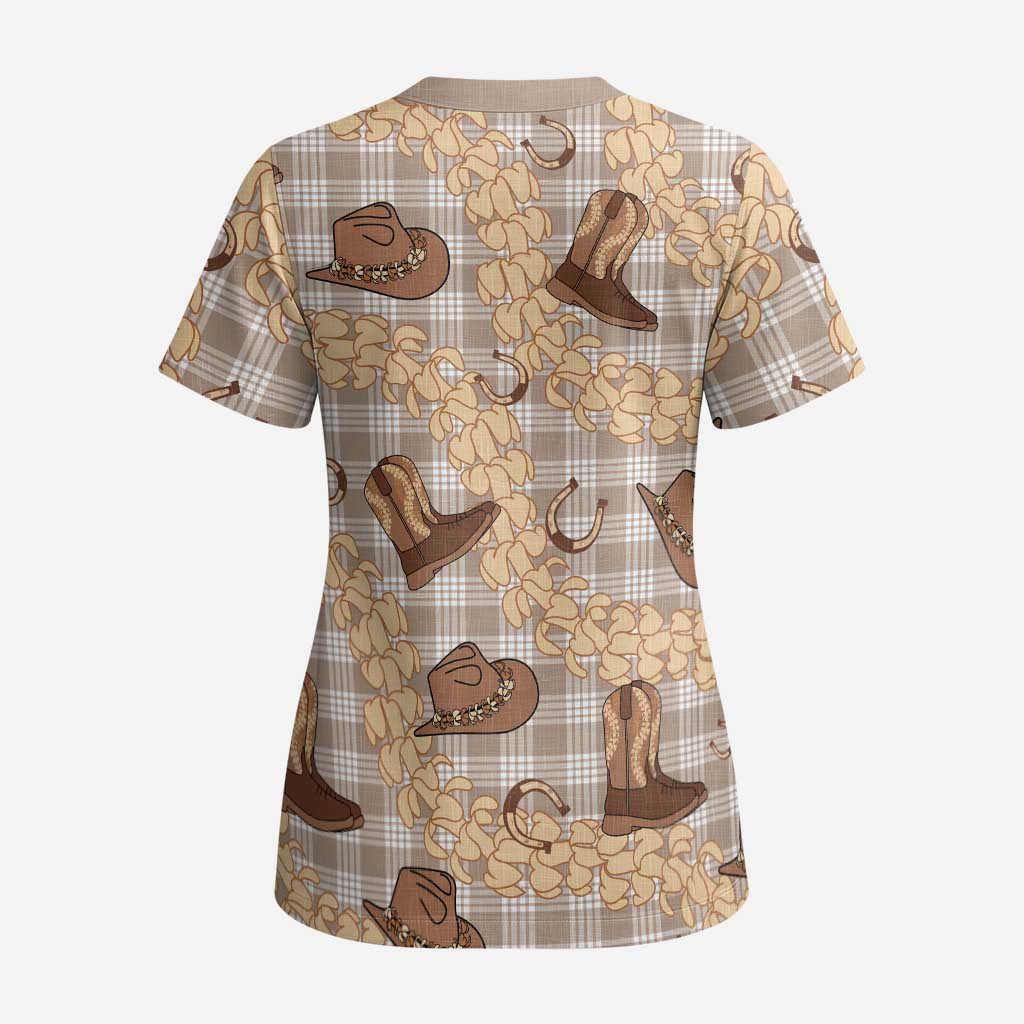 Khaki Palaka Hawaii Cowboy Scrub Top Puakenikeni Lei Paniolo Papale Seamless Vibes LT14 - Polynesian Pride