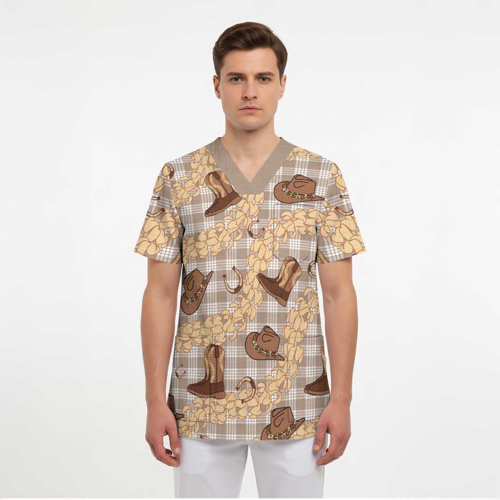 Khaki Palaka Hawaii Cowboy Scrub Top Puakenikeni Lei Paniolo Papale Seamless Vibes LT14 - Polynesian Pride
