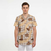 Khaki Palaka Hawaii Cowboy Scrub Top Puakenikeni Lei Paniolo Papale Seamless Vibes LT14 - Polynesian Pride