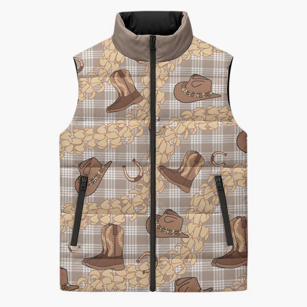 Khaki Palaka Hawaii Cowboy Sleeveless Puffer Jacket Puakenikeni Lei Paniolo Papale Seamless Vibes LT14 Unisex Khaki - Polynesian Pride