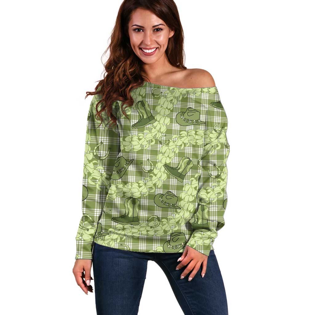 Lime Palaka Hawaii Cowboy Off Shoulder Sweater Puakenikeni Lei Paniolo Papale Seamless Vibes LT14 Women Lime - Polynesian Pride