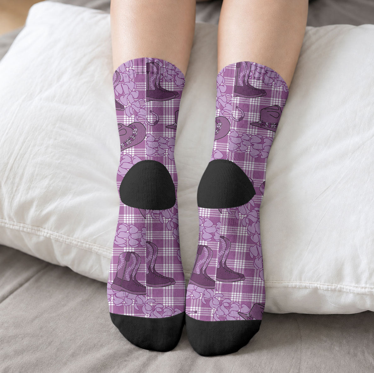Purple Palaka Hawaii Cowboy Crew Socks Puakenikeni Lei Paniolo Papale Seamless Vibes LT14 - Polynesian Pride