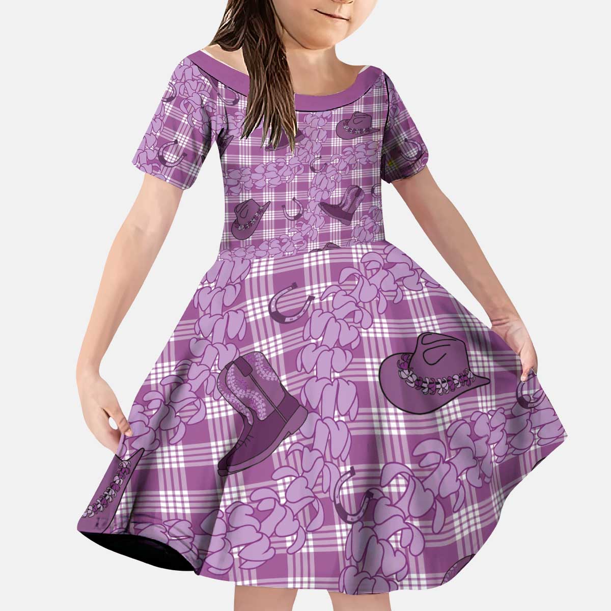 Purple Palaka Hawaii Cowboy Kid Short Sleeve Dress Puakenikeni Lei Paniolo Papale Seamless Vibes LT14 KID Purple - Polynesian Pride