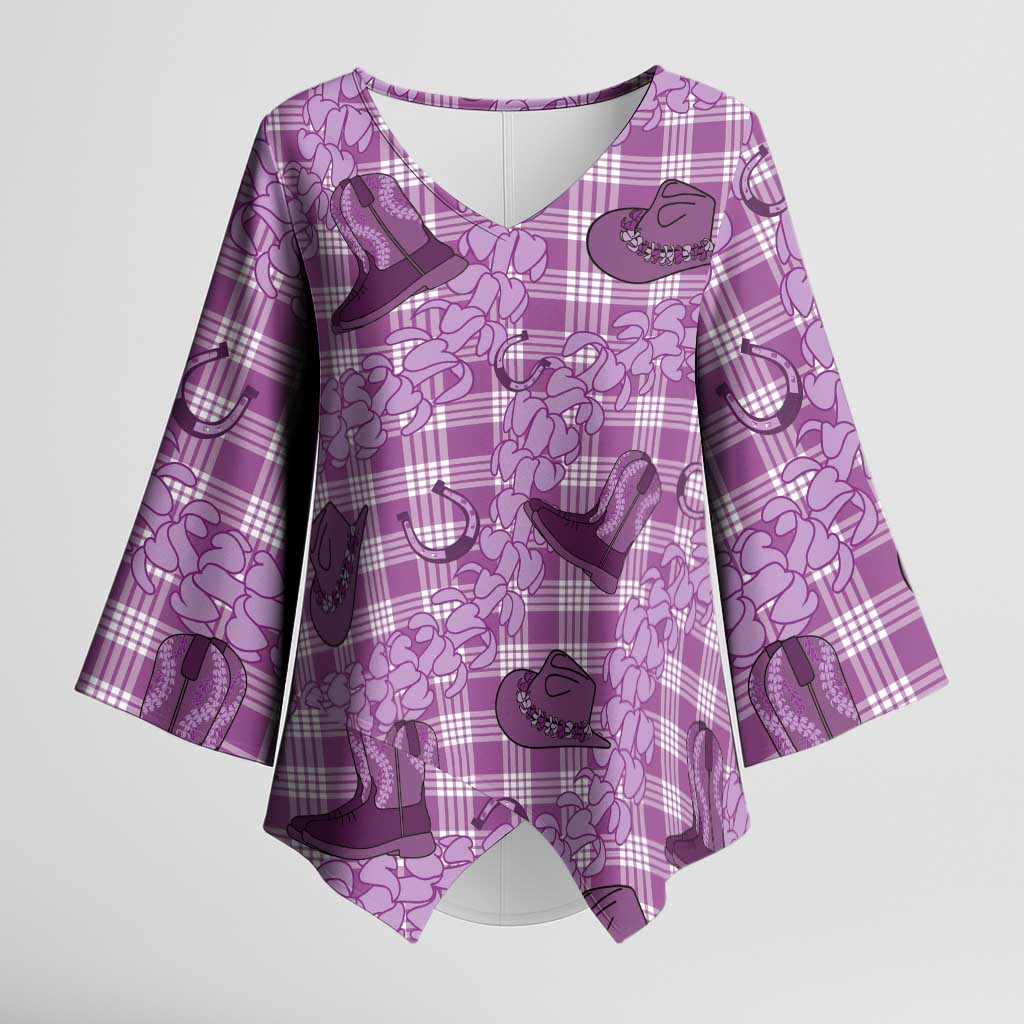 Purple Palaka Hawaii Cowboy Kimono Sleeve Blouse Puakenikeni Lei Paniolo Papale Seamless Vibes LT14 Female Purple - Polynesian Pride